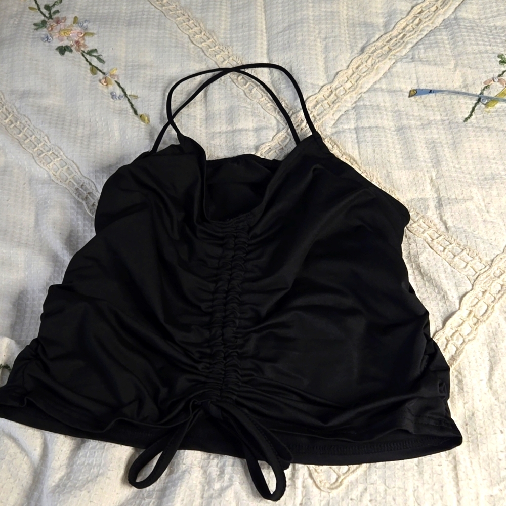 Black satiny like rouched strappy top